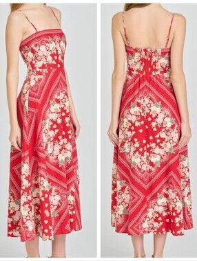 NWT WAYF Red Floral Scarf Print Linen Blend Maxi Dress  Romantic Boho Cottage S